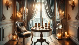 A serene tarot consultation setting with cards spread across an ornate candlelit table