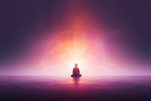 Person meditating in lotus position surrounded by light while accessing the Akashic Records