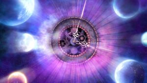 A clock suspended in the universe, showing psychic perception beyond space and time