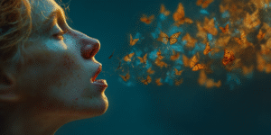 Butterflies emerging from a mouth, symbolizing healing words set free