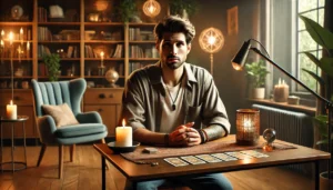 A psychic reading tarot cards at an intimate candlelit table