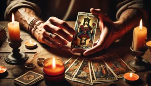 Masculine hands drawing the Queen of Cups from a tarot deck by warm candlelight