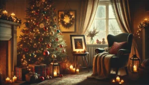 A softly lit room with a Christmas tree and nostalgic ornaments, holding the memory of a lost loved one