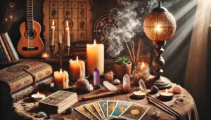 A cozy psychic reading setup with tarot cards, flickering candles, and crystals on a rustic table