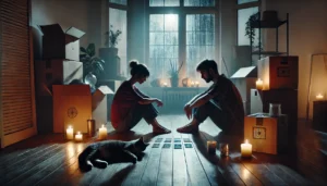 Two silhouettes sitting on a hardwood floor surrounded by candles, reading tarot cards during a storm