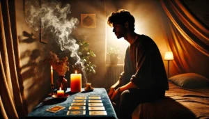 The silhouette of a tarot reader in a dimly lit room, incense smoke rising as a clairvoyant impression arrives