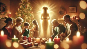 A radiant transparent figure of a mother standing among family members feeling her absence at Christmas