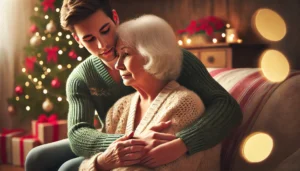 An adult son comforting his elderly mother with a gentle arm around her shoulders