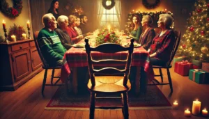 A holiday dining table with a vacant seat, symbolizing the loss of a loved one