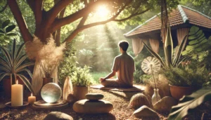 A person seated in a meditative position outdoors, grounding through breathwork among rocks and nature