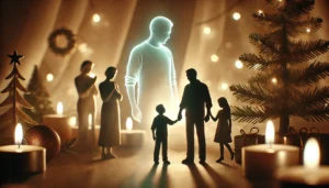 A softly lit holiday scene with the transparent figure of a father among family members in quiet mourning