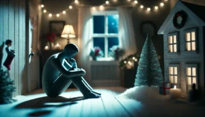 A person sitting alone in a softly lit room at Christmas, processing the grief of losing a loved one