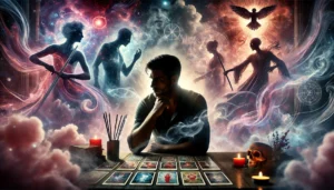 A male silhouette at a table staring intently at the Five of Swords tarot card amid ethereal visions