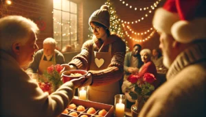 A volunteer serving food and offering comfort at a shelter during Christmas