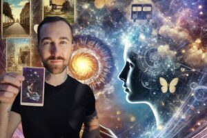 Chris Bennett, internationally recognized tarot reader, holding The Star from the Terra Volatile deck surrounded by clairvoyant imagery