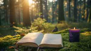 Notebook and candle in the woods, with an animal nearby. Symbolizes how to set clear spiritual signs and invite messages from Spirit.