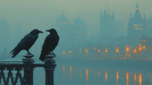Two_ravens_perched_on_opposite_streetlamps_in_a_street foged over