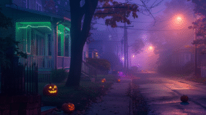 Foggy suburban street with glowing jack-o’-lanterns and shadowy figure near streetlight.