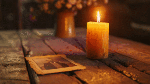 Wooden table with sepia photo and glowing candle beside it in violet shadow.