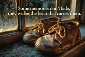 A pair of small child’s shoes on a windowsill glowing in golden light, symbolizing memory, love, and presence after death.
