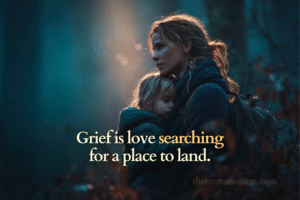 A grieving mother holding her child’s jacket in a foggy forest at dawn, symbolizing longing, connection, and spiritual presence.