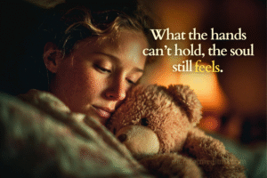 A mother sitting on her bed holding her child’s stuffed toy with emotional vulnerability, symbolizing grief and spiritual closeness.