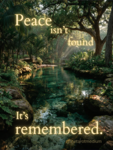 Serene jungle stream with smooth stones, golden sunlight, and lush foliage, featuring the quote “Peace isn’t found. It’s remembered.”
