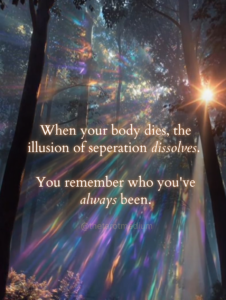 Prismatic ethereal light rays breaking through forest canopy representing spiritual awakening and remembering oneness after death