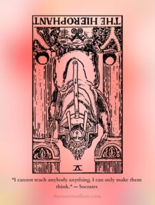 The Hierophant tarot card reversed meaning: the pillars, keys, and blessing inverted for dogma, rebellion, breaking convention, questioning authority.
