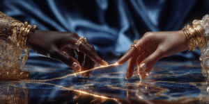 Symbolic hands connected by a golden thread, love found again after heartbreak