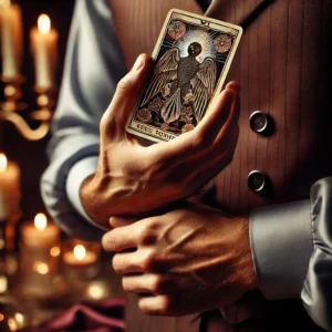 A close-up of hands holding a tarot card with poise, framing the right question