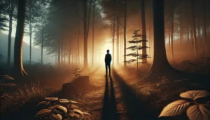 A silhouette standing at the edge of a quiet forest clearing in warm sunset light