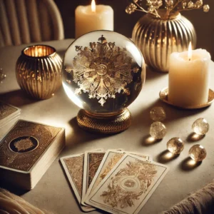 A serene tarot reading scene with a detailed crystal ball and gold-embellished cards, an inviting first step into tarot