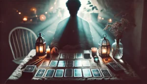 A silhouette at a table with tarot cards laid out in natural light