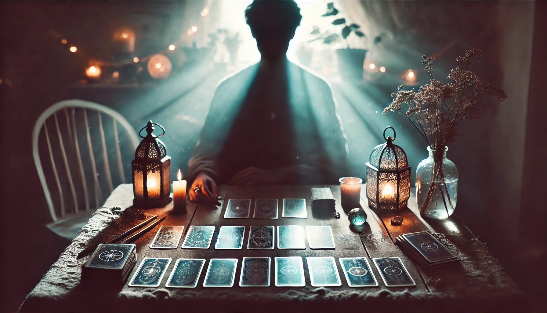 A-realistic-and-natural-toned-image-featuring-the-silhouette-of-a-person-sitting-at-a-table-with-tarot-cards-laid-out-in-front-of-them.-