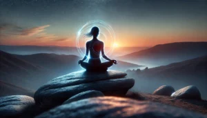 A silhouette sitting cross-legged on a rocky hilltop overlooking a vast twilight landscape