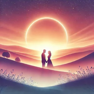 Two silhouettes holding hands under a glowing sunset in a dreamy romantic landscape