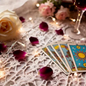 A romantic tarot reading with cards spread across a lace tablecloth surrounded by soft petals