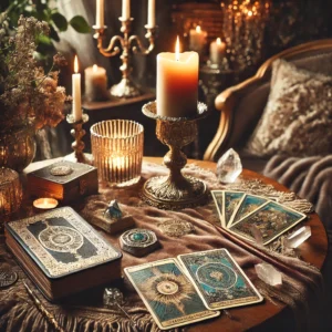 A vintage wooden table set with an intricate tarot deck and glowing candle, ready for a daily one-card practice