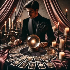 A tarot reader in black seated at a velvet-draped table, ready to read an actionable question