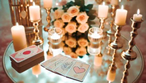 A polished tarot reading setup with glowing candles on an elegant table