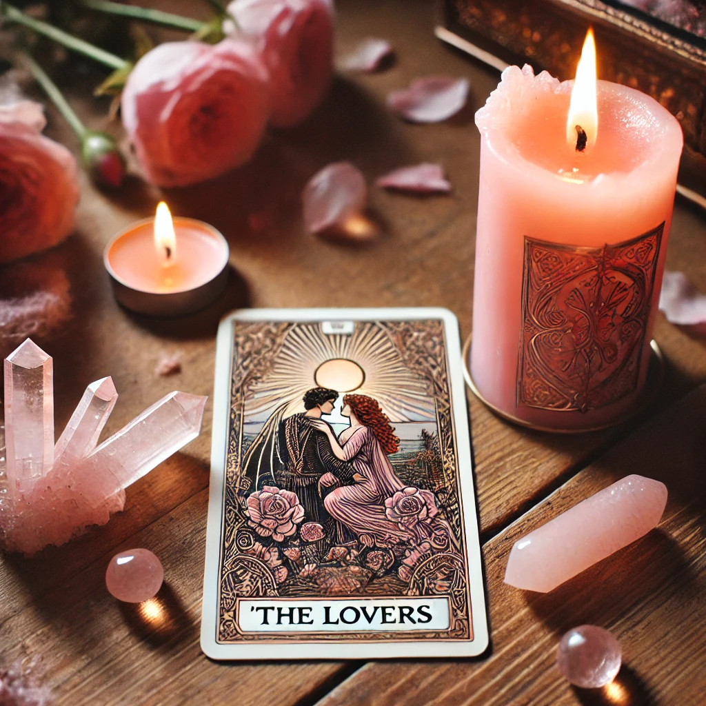 A-visually-stunning-and-romantic-scene-featuring-a-pink-candle-burning-softly-with-rose-quartz-crystals-nearby-on-a-wooden-table.-Next-to-the-candle is the lovers tarot card