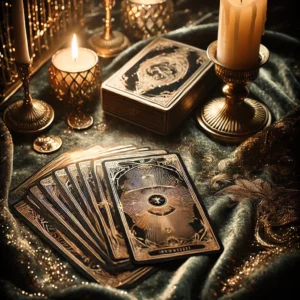 A glowing close-up of a gold-accented tarot spread on velvet, each card waiting to be interpreted in context