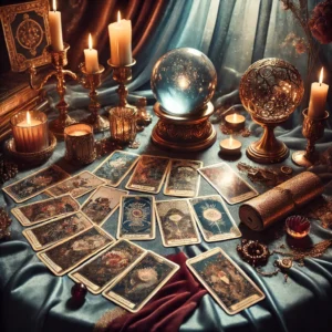 Glowing tarot cards mid-reading on a velvet-draped table, open to unexpected revelation