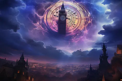 clock tower in ominous mystical looking purple and blue clouds. Metaphysical harry potter looking