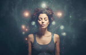 Close-up of a young woman meditating, expanding her sensory and psychic awareness
