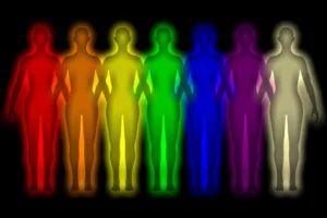 Human silhouettes glowing in different aura colors across the rainbow spectrum