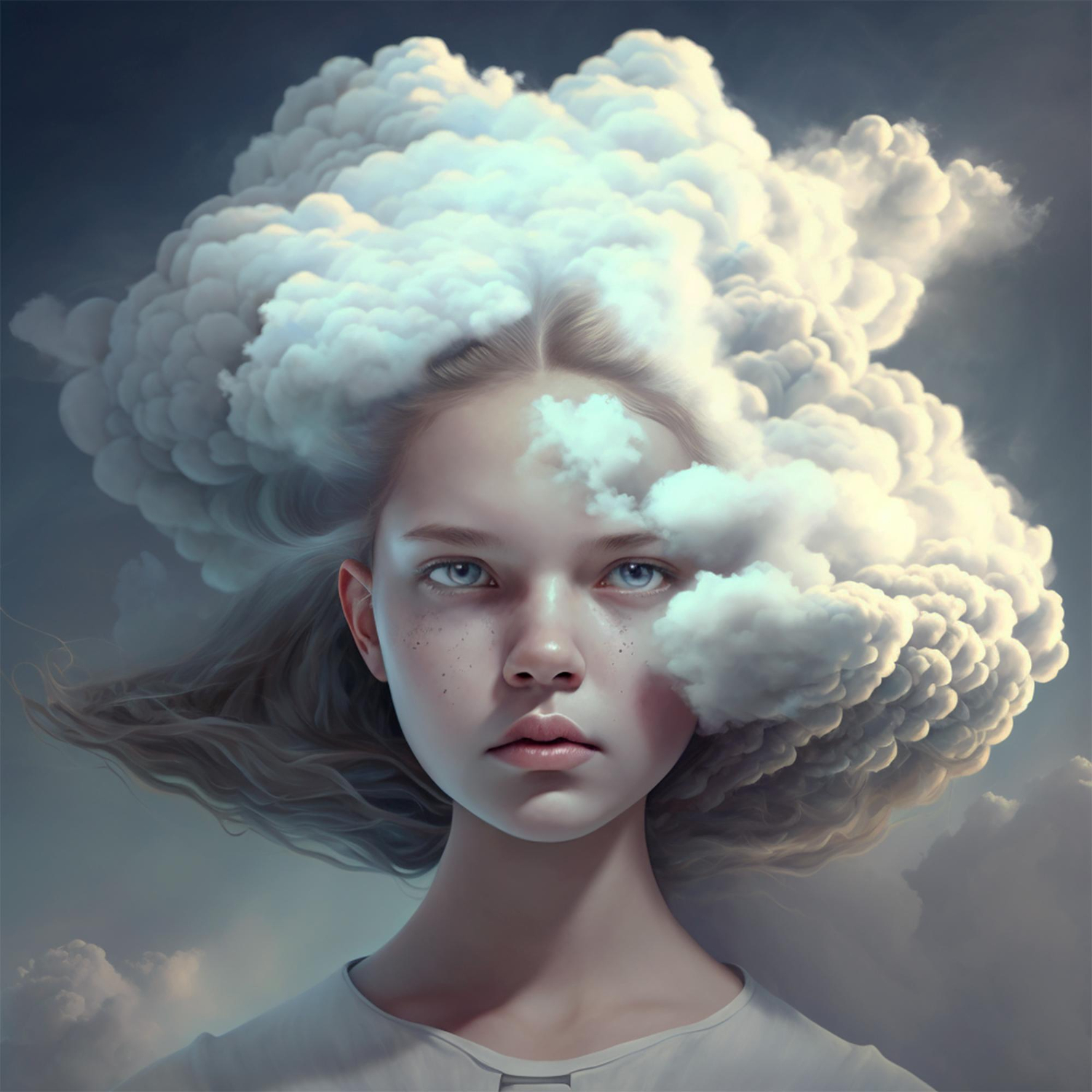 Girl with clouds around mind connecting to the collective consiousness