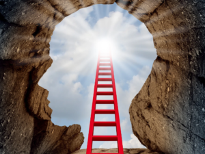 A ladder descending into the mind, symbolizing tarot as a tool for inner healing