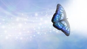 Blue butterfly flying through spiritual energy, a symbol of psychic connection